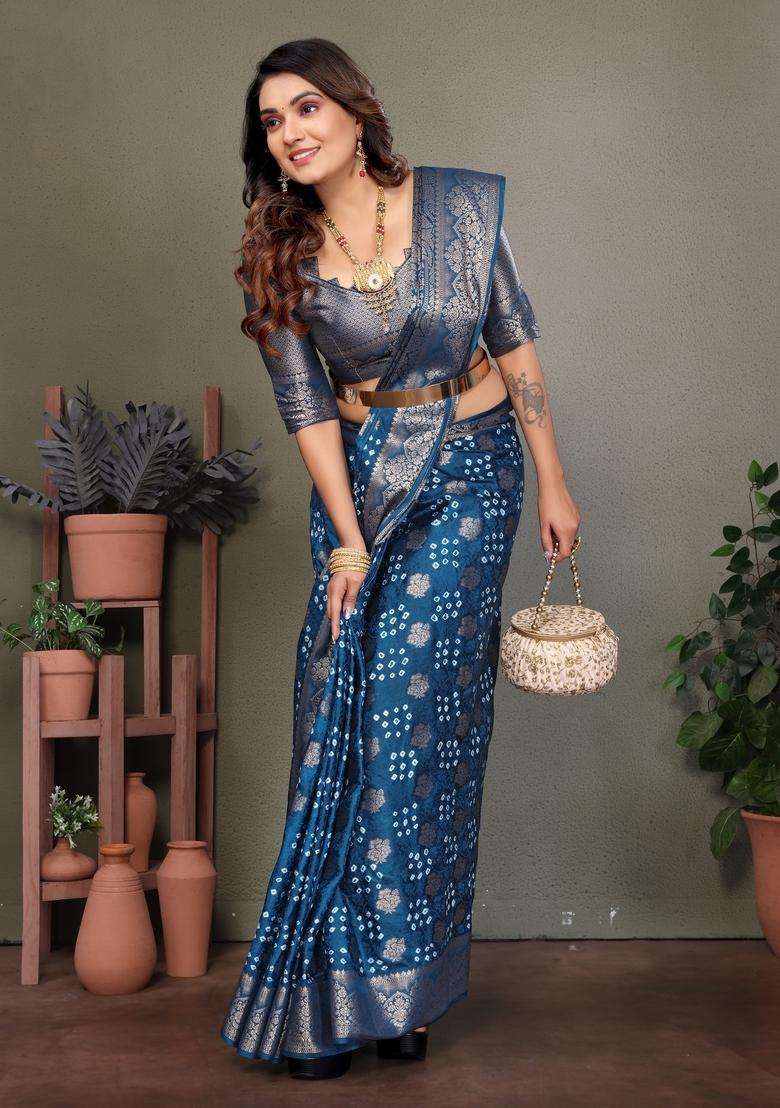 Teal Blue Zari Work Silk Saree Set - Indya