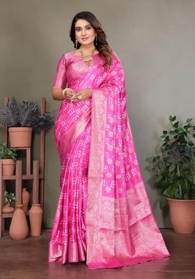Pink Zari Work Silk Saree Set