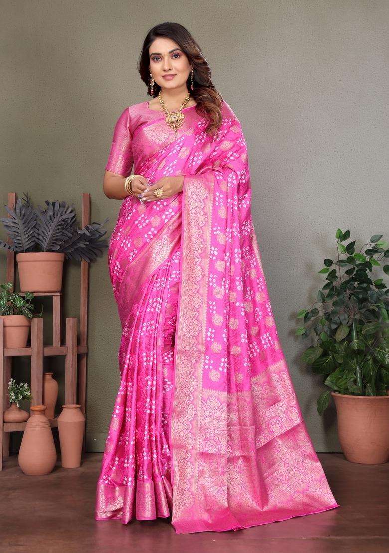 Pink Zari Work Silk Saree Set - Indya