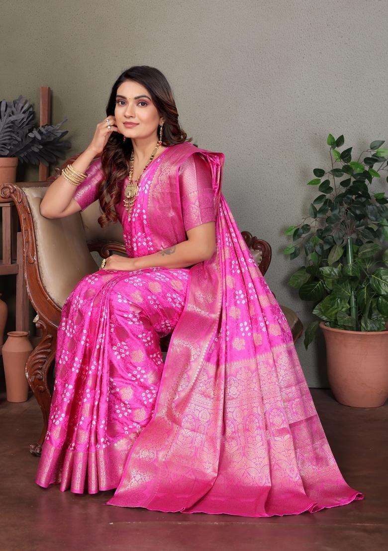 Pink Zari Work Silk Saree Set - Indya