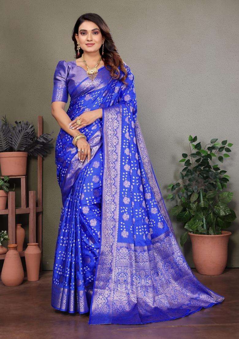 Royal Blue Zari Work Silk Saree Set - Indya