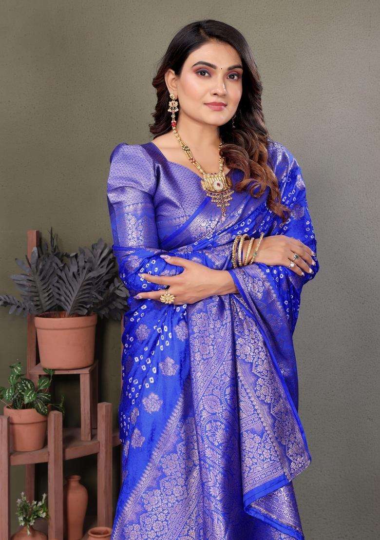 Royal Blue Zari Work Silk Saree Set - Indya