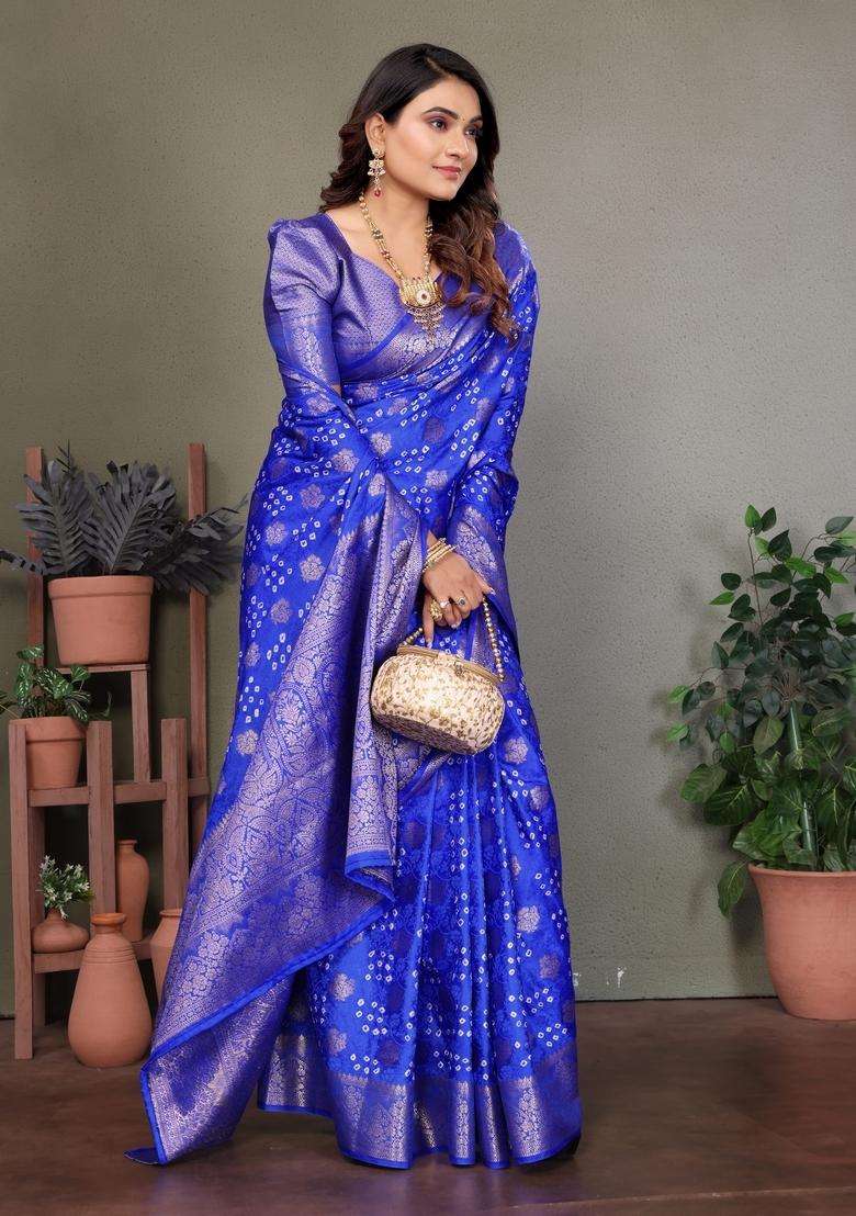 Royal Blue Zari Work Silk Saree Set - Indya