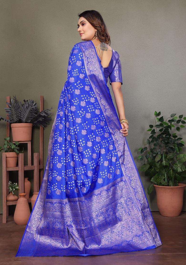 Royal Blue Zari Work Silk Saree Set - Indya
