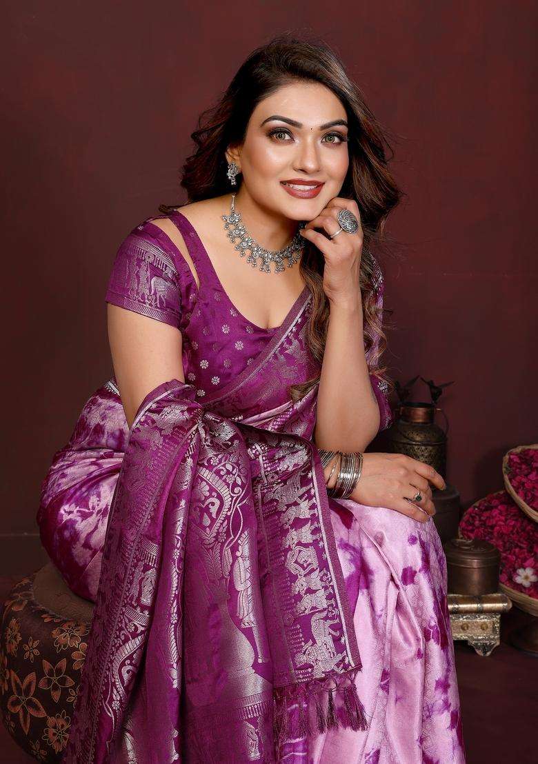 Pink And Wine Zari Work Silk Blend Saree Set - Indya