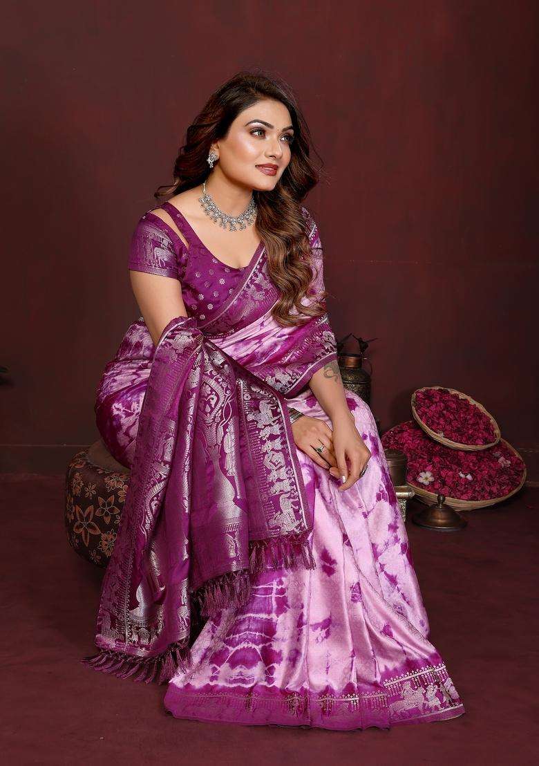 Pink And Wine Zari Work Silk Blend Saree Set - Indya