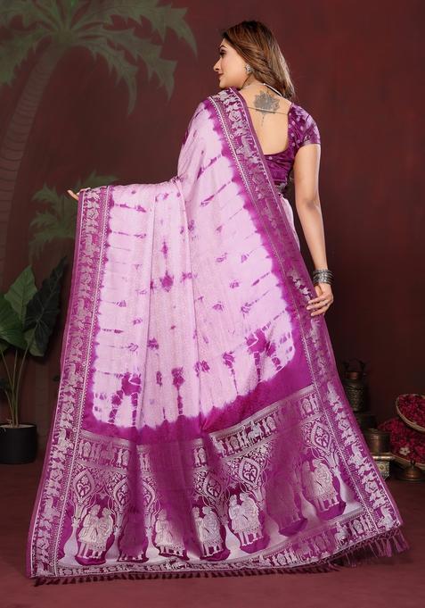 Pink And Wine Zari Work Silk Saree Set