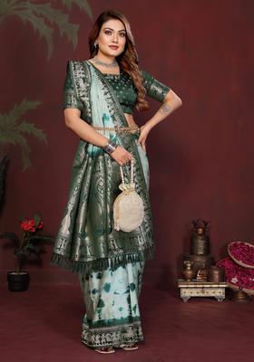 Pista Green Zari Work Silk Blend Saree Set