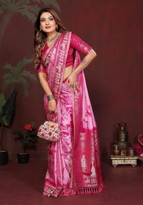 Pink And Magenta Zari Work Silk Saree Set