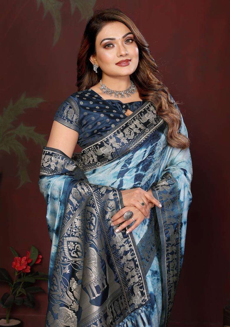 Sky Blue Zari Work Silk Blend Saree Set - Indya
