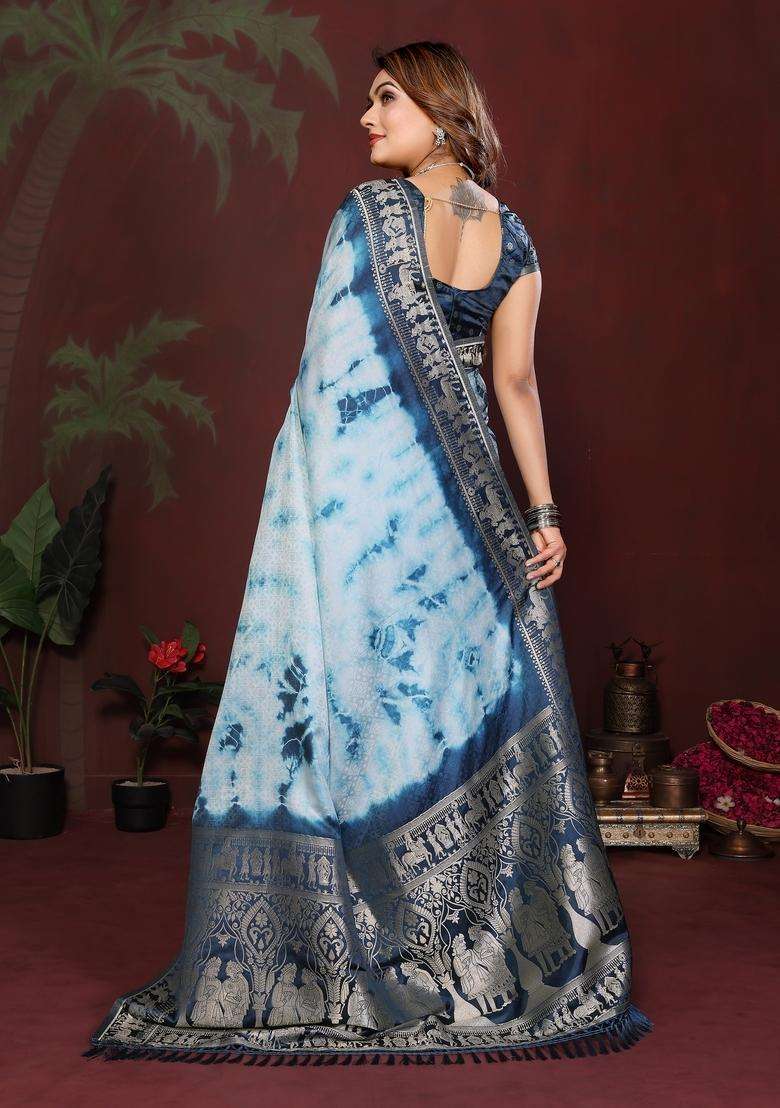 Sky Blue Zari Work Silk Blend Saree Set - Indya