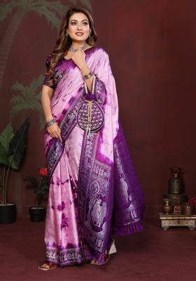 Pink And Purple Zari Work Silk Saree Set