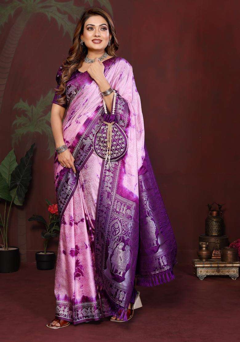 Pink And Purple Zari Work Silk Blend Saree Set - Indya