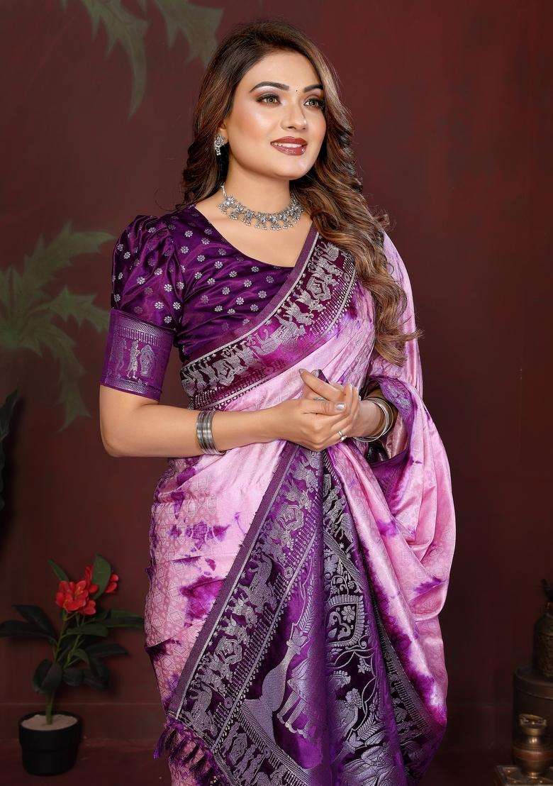 Pink And Purple Zari Work Silk Blend Saree Set - Indya
