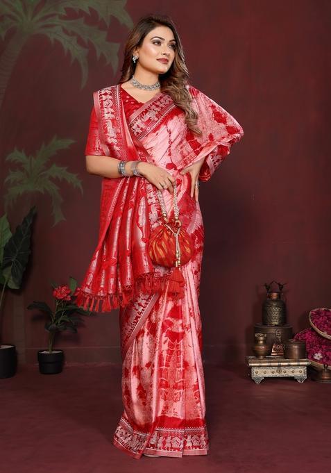 Red Zari Work Silk Saree Set