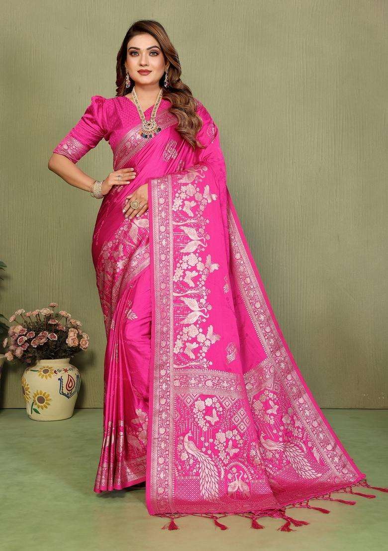 Pink Zari Work Silk Blend Saree Set - Indya