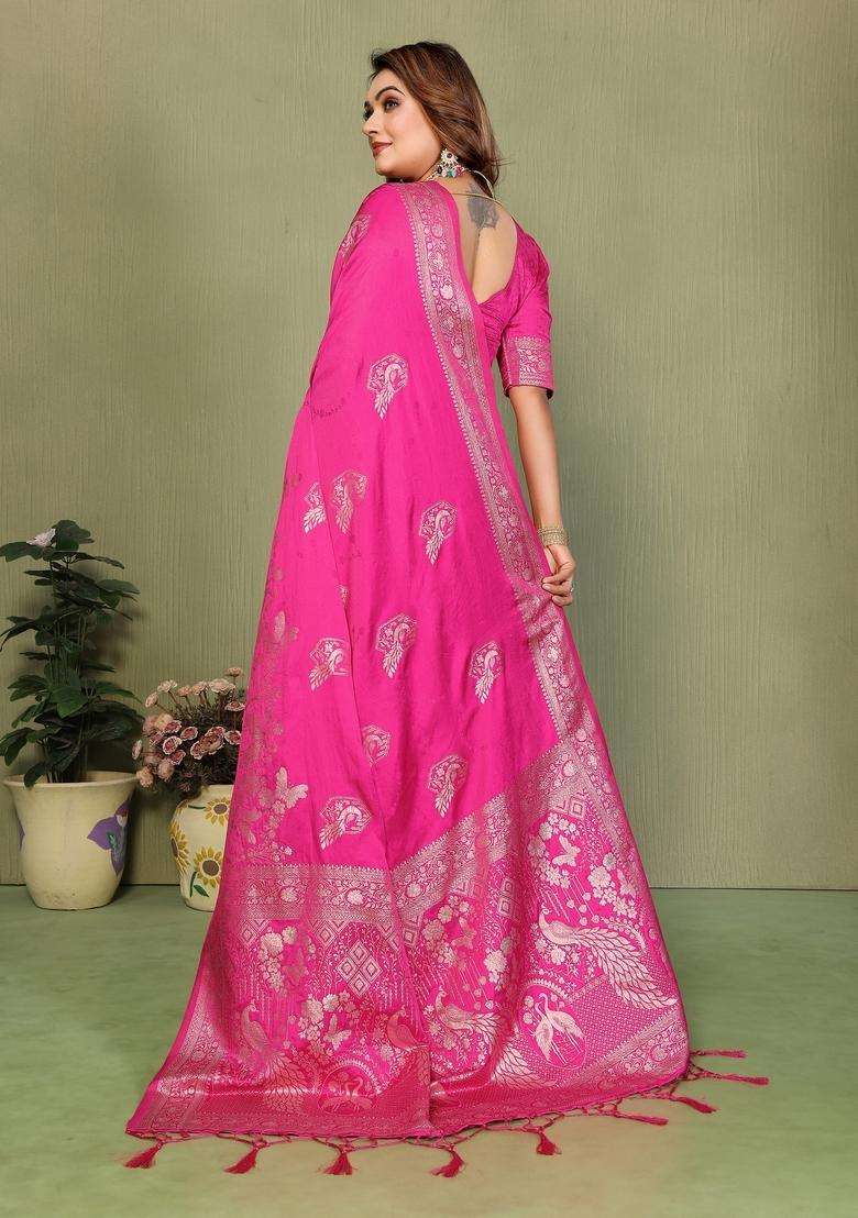 Pink Zari Work Silk Blend Saree Set - Indya