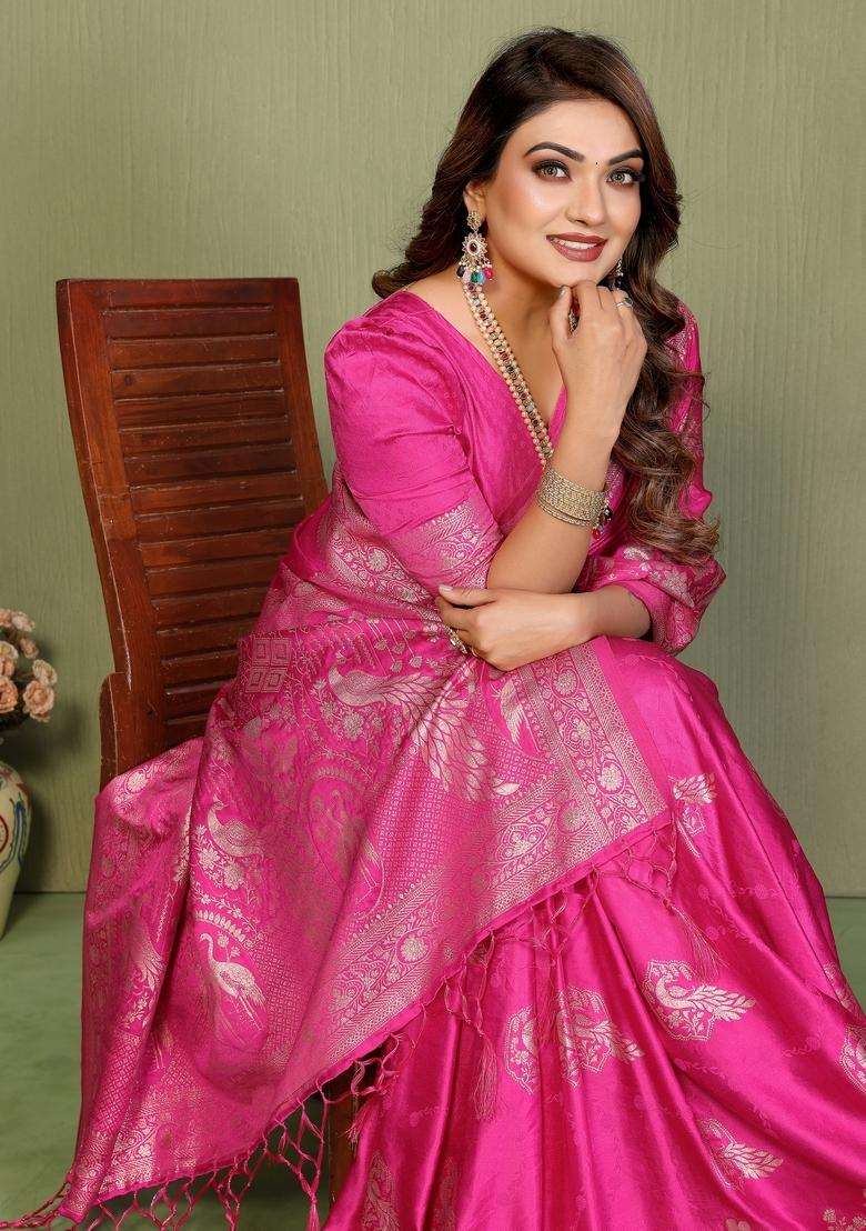 Pink Zari Work Silk Blend Saree Set - Indya