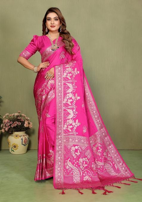 Pink Zari Work Silk Saree Set