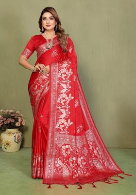 Red Zari Work Silk Saree Set