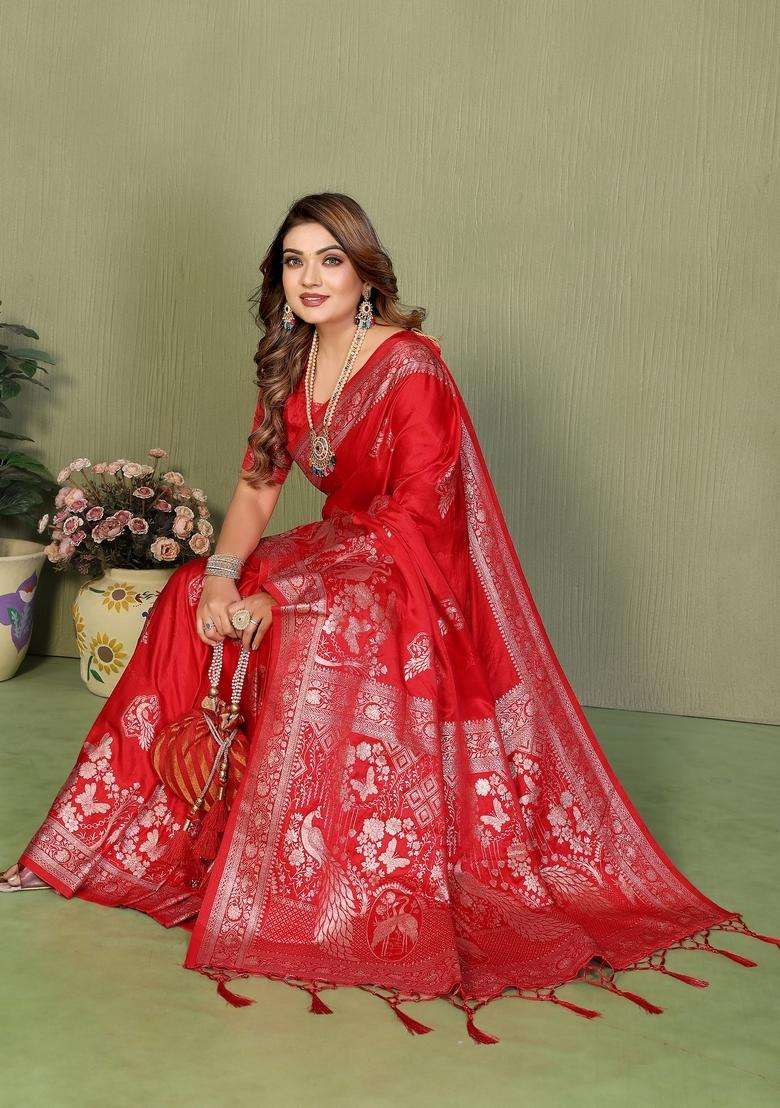 Red Zari Work Silk Blend Saree Set - Indya