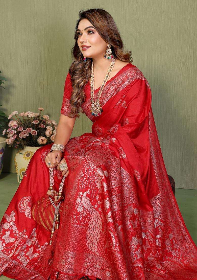 Red Zari Work Silk Blend Saree Set - Indya