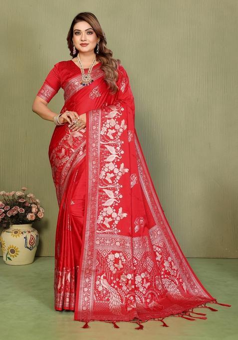 Red Zari Work Silk Saree Set