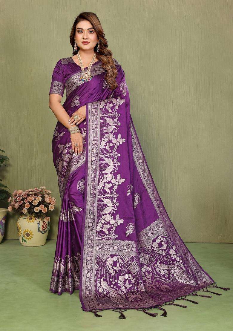 Wine Zari Work Silk Blend Saree Set - Indya