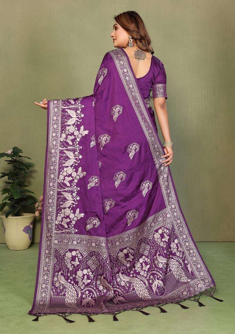 Wine Zari Work Silk Blend Saree Set - Indya