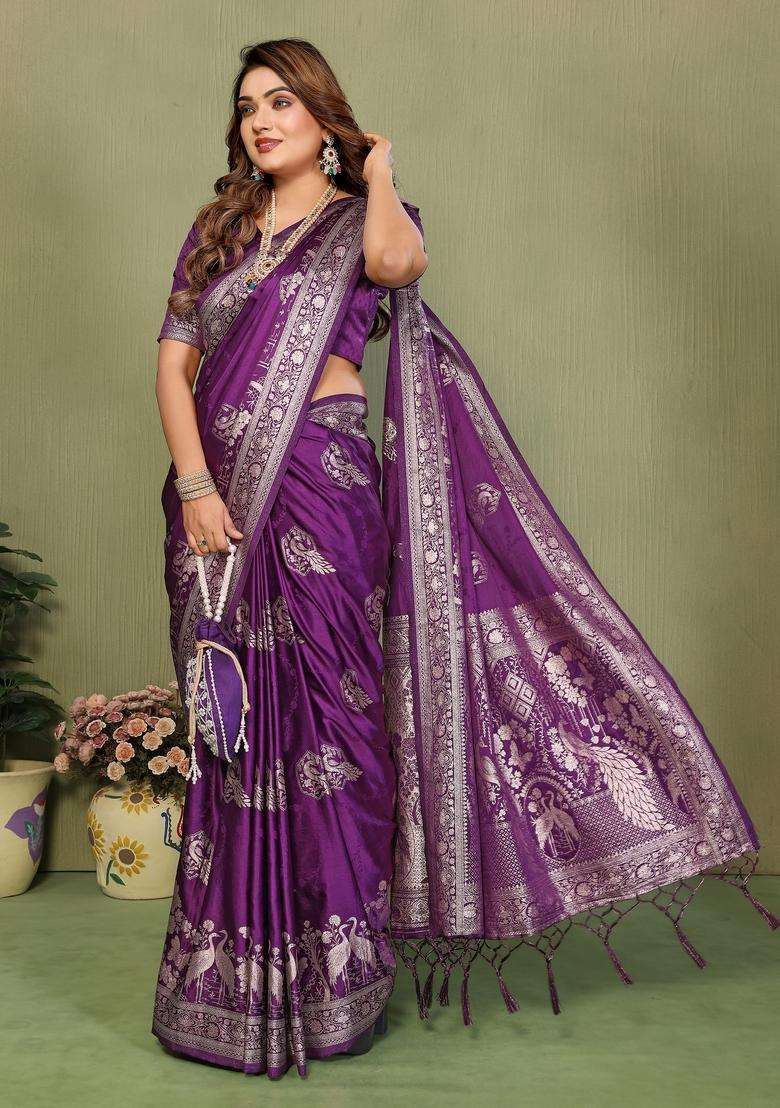 Wine Zari Work Silk Blend Saree Set - Indya