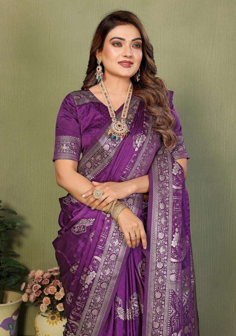Wine Zari Work Silk Blend Saree Set - Indya