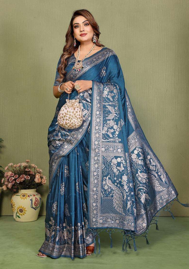 Teal Blue Zari Work Silk Blend Saree Set - Indya