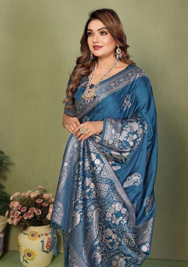 Teal Blue Zari Work Silk Blend Saree Set - Indya