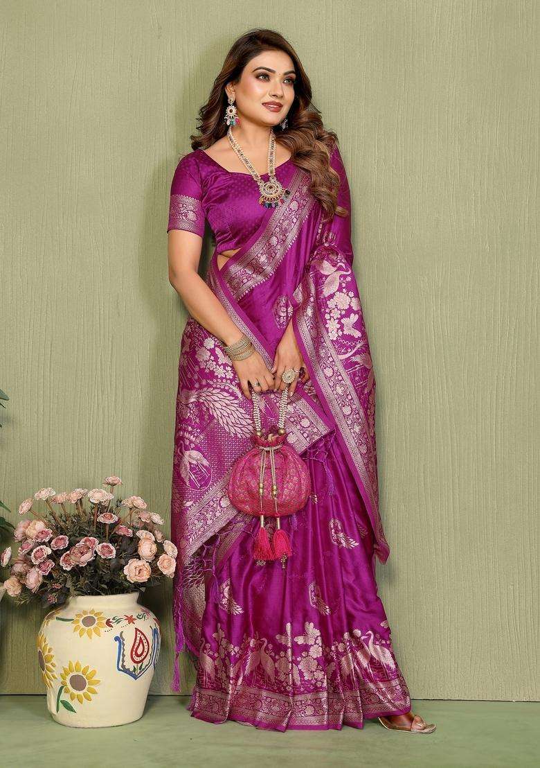 Magenta Zari Work Silk Blend Saree Set - Indya