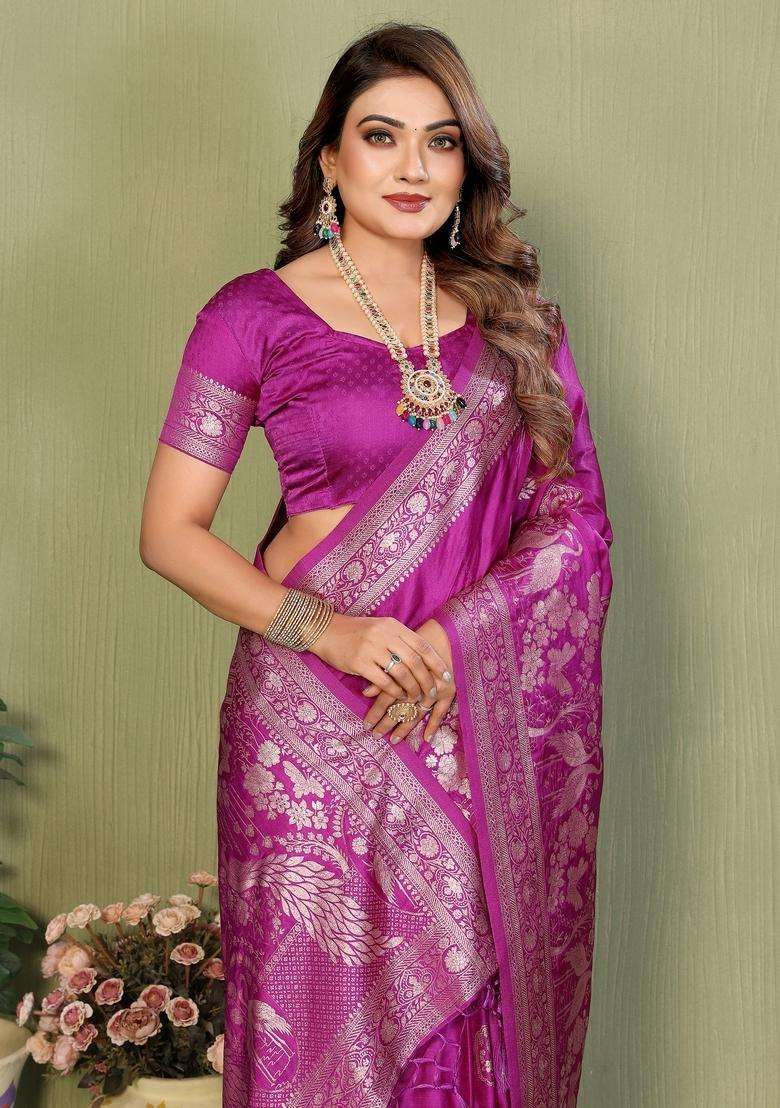 Magenta Zari Work Silk Blend Saree Set - Indya