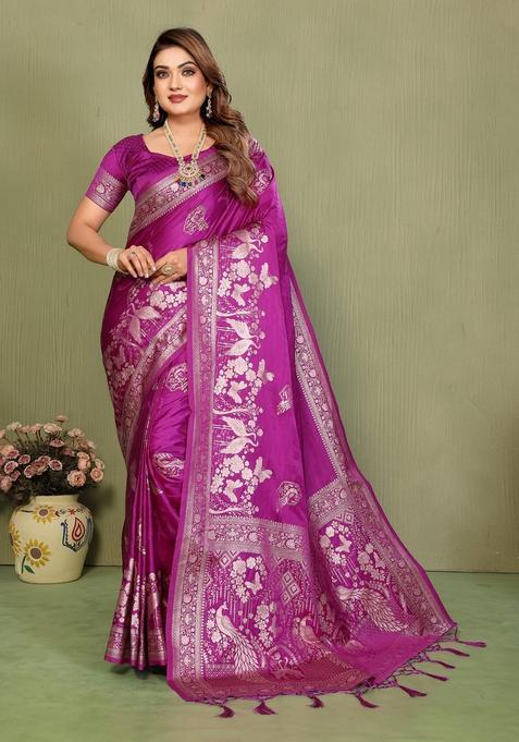 Magenta Zari Work Silk Saree Set