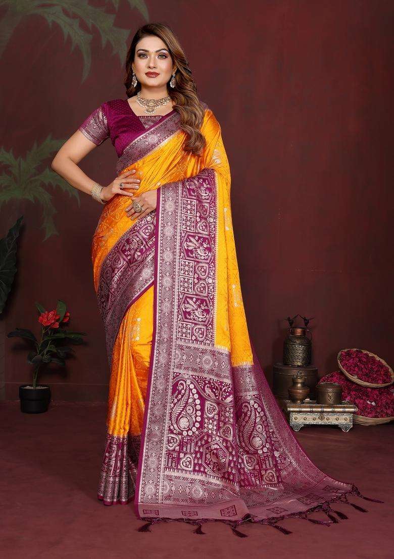 Yellow Zari Work Silk Blend Saree Set - Indya