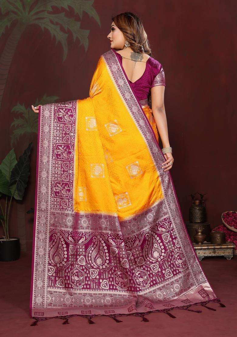 Yellow Zari Work Silk Blend Saree Set - Indya
