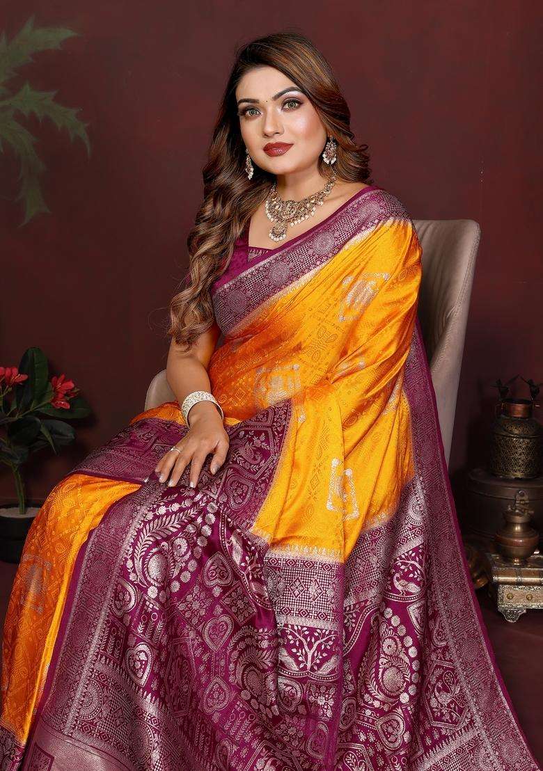 Yellow Zari Work Silk Blend Saree Set - Indya