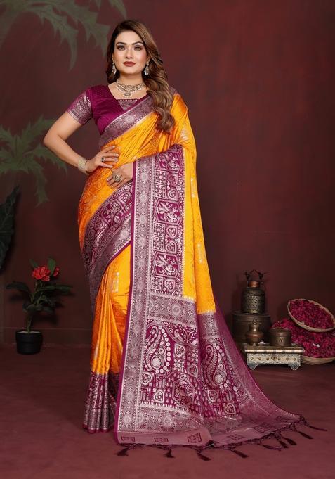 Yellow Zari Work Silk Saree Set