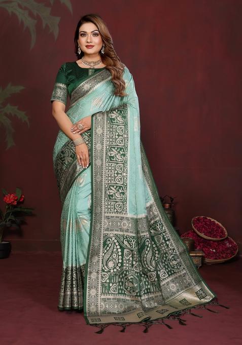 Pista Zari Work Silk Saree Set