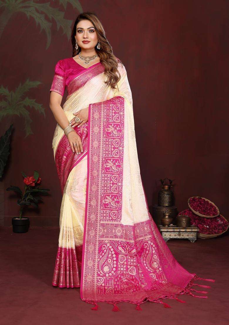 Cream Zari Work Silk Blend Saree Set - Indya