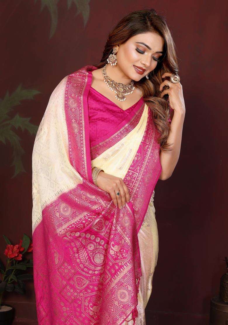 Cream Zari Work Silk Blend Saree Set - Indya
