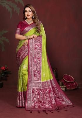 Pista Green Zari Work Silk Saree Set