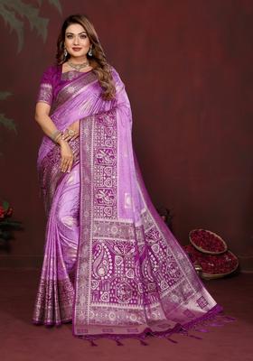 Purple Zari Work Silk Saree Set