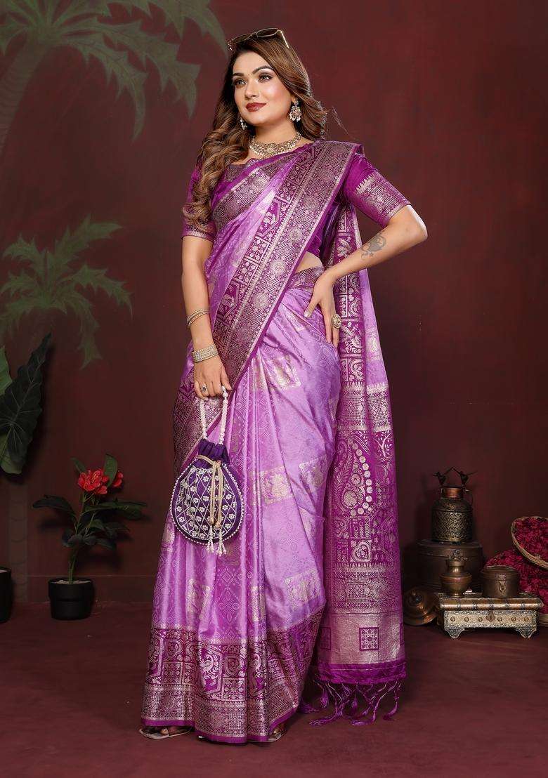 Purple Zari Work Silk Blend Saree Set - Indya