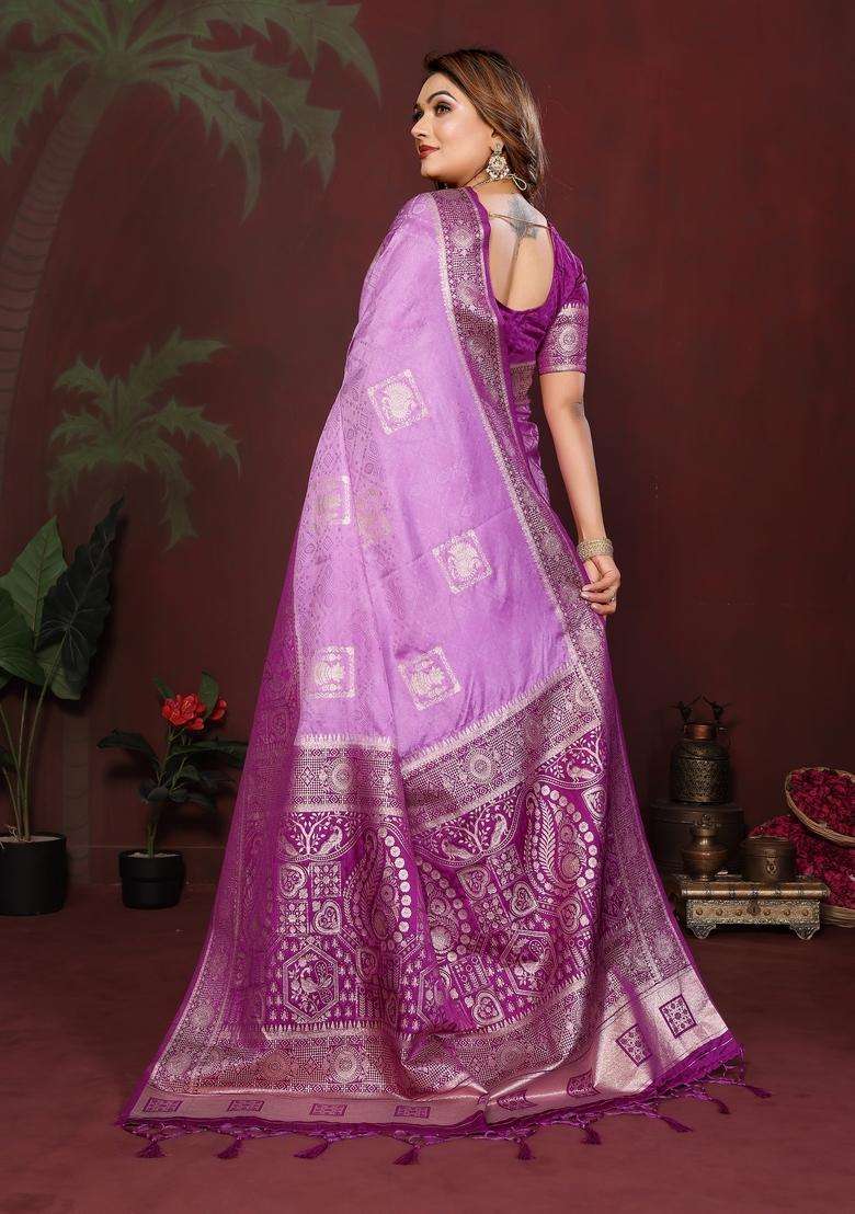 Purple Zari Work Silk Blend Saree Set - Indya