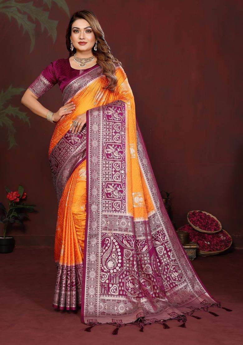 Orange Zari Work Silk Blend Saree Set - Indya