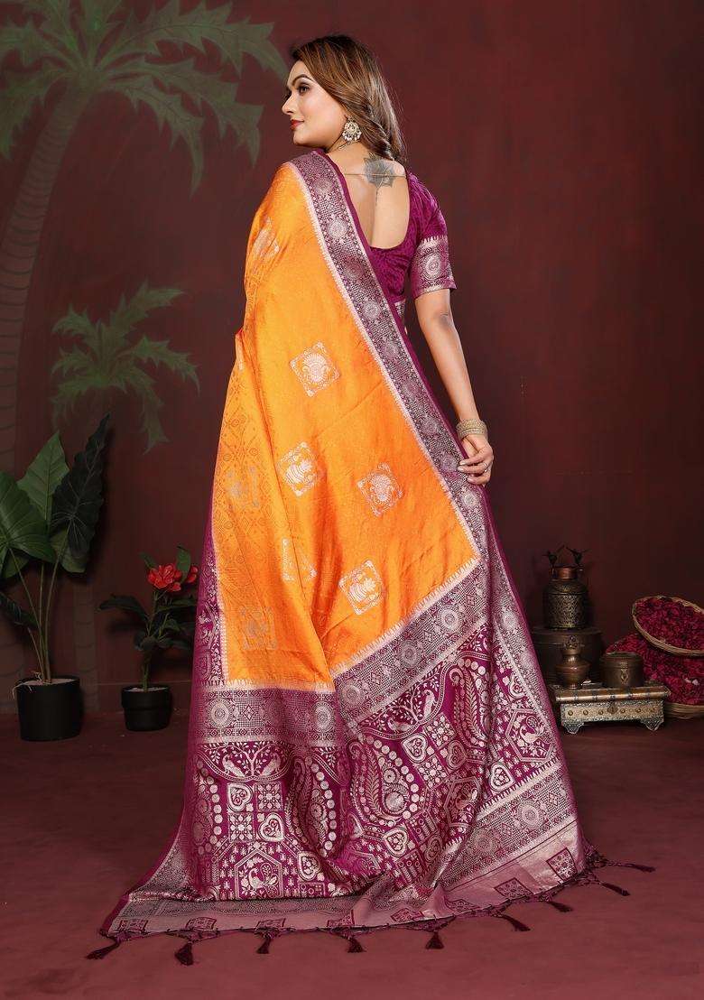Orange Zari Work Silk Blend Saree Set - Indya