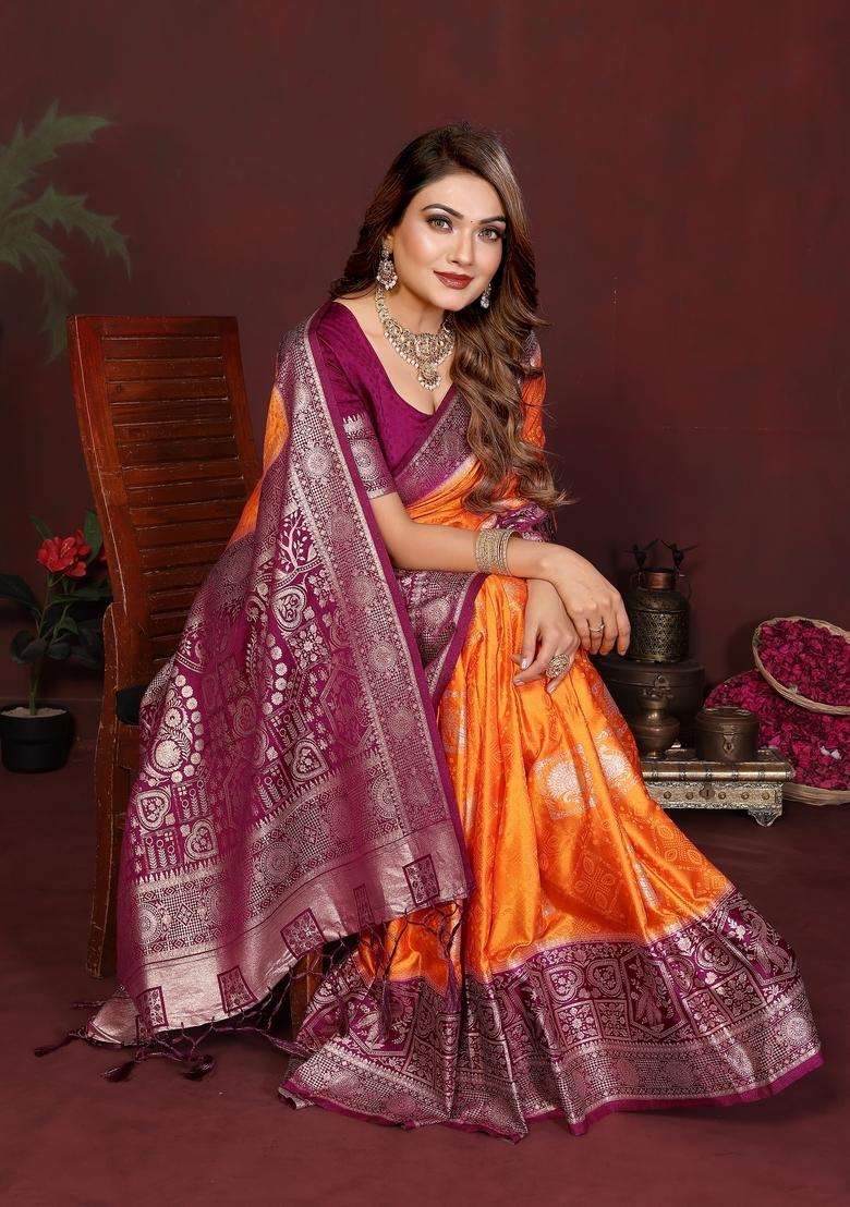 Orange Zari Work Silk Blend Saree Set - Indya